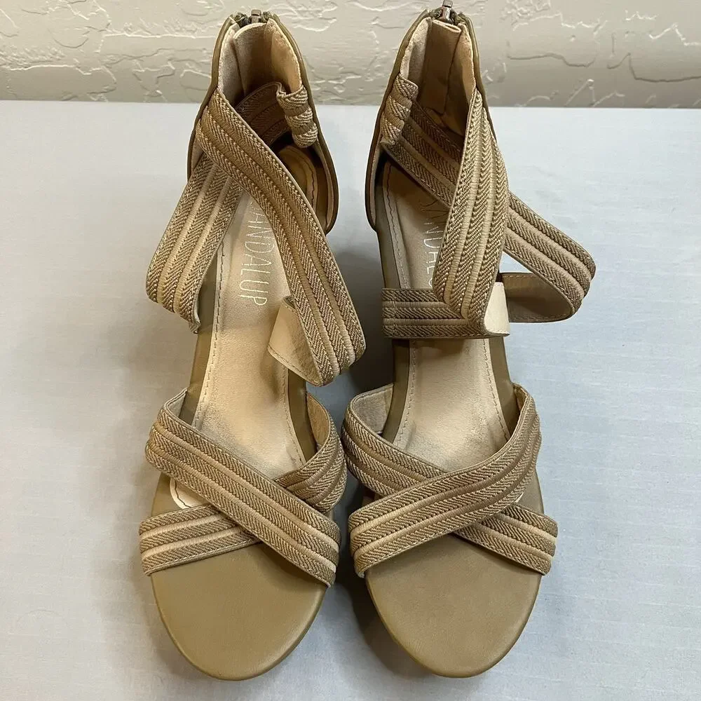 Platform Wedge Sandal Size 9 Tan Strappy Zip Up Back Shoes Sandals Open Toe - Picture 8 of 11